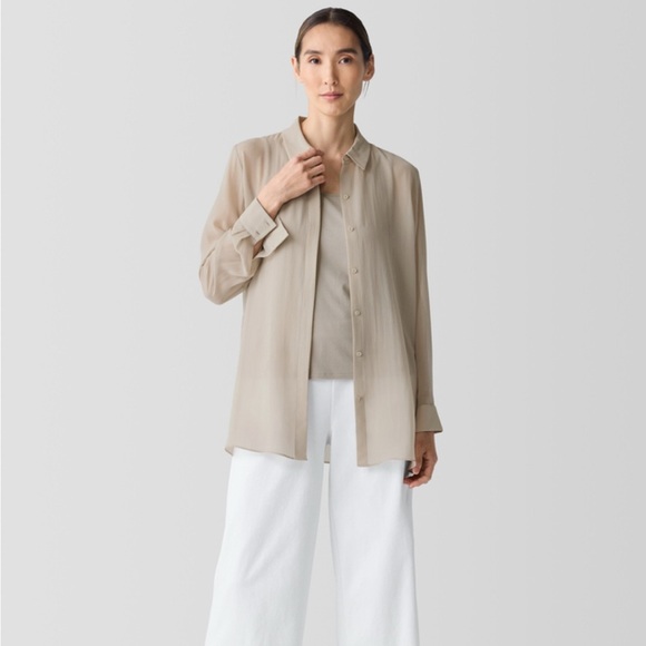 Eileen Fisher Sheer Silk Georgette Classic Collar Shirt, Dove, XS - Picture 3 of 9